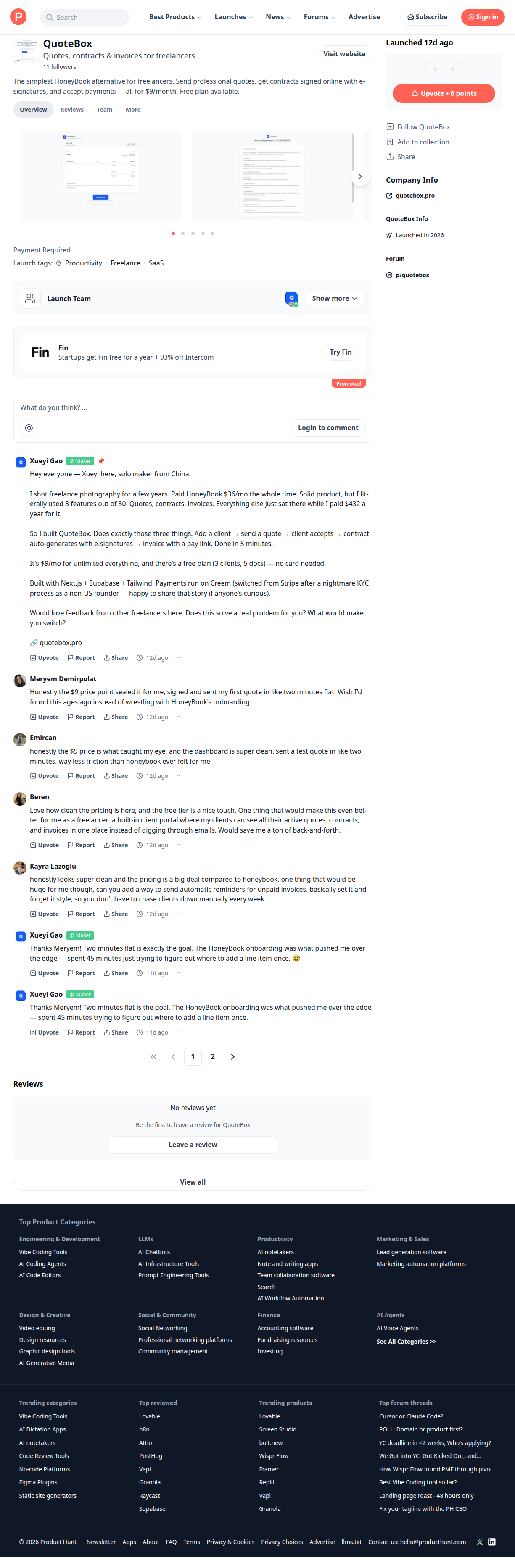 QuoteBox Product Hunt launch detail with product screenshots