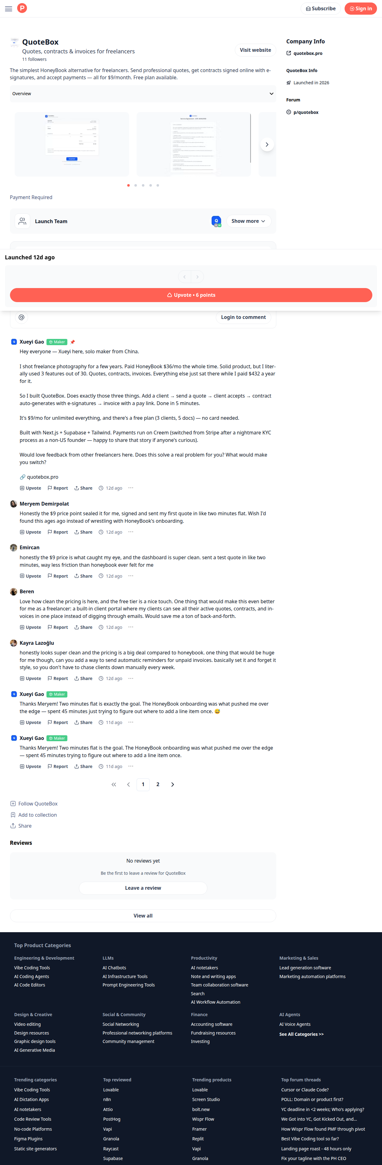 QuoteBox Product Hunt product page
