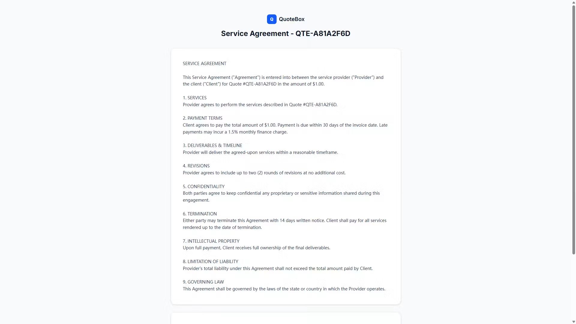 QuoteBox service agreement