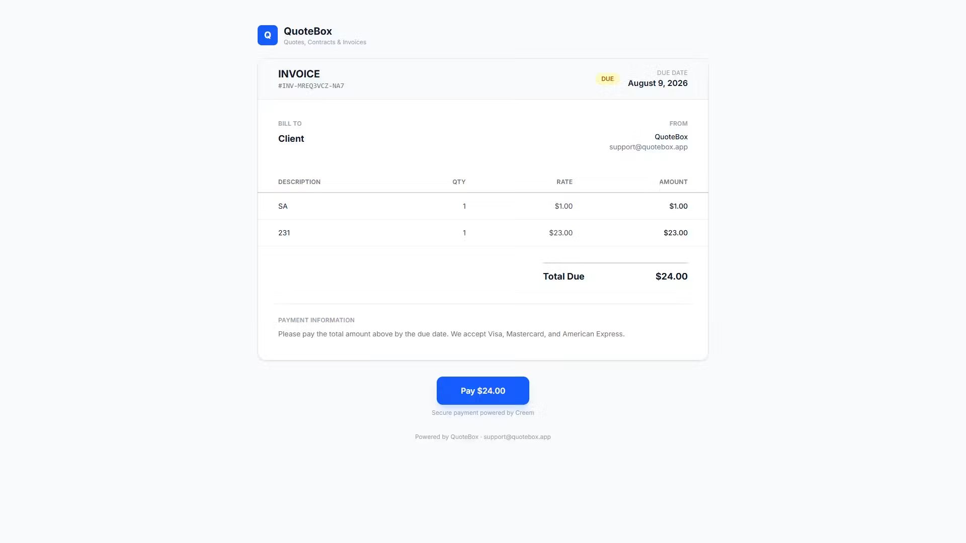 QuoteBox invoice with payment
