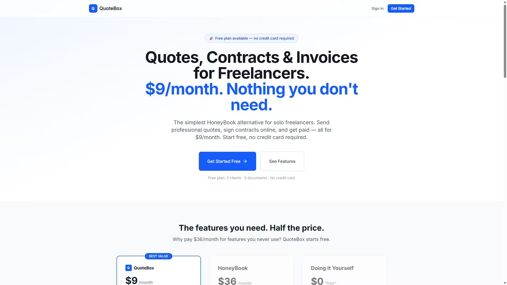 QuoteBox landing page with pricing comparison